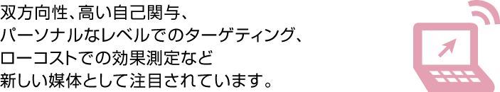 双方向性、高い自己関与、パーソナルなレベルでのターゲティング、ローコストでの効果測定など新しい媒体として注目されています。