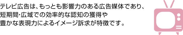 テレビ広告は、もっとも影響力のある広告媒体であり、<br /><br /><br /><br /><br /> 短期間・広域での効率的な認知の獲得や豊かな表現力によるイメージ訴求が特徴です。