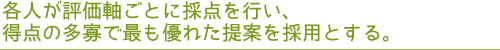 各人が評価軸ごとに採点を行い、得点の多寡で最も優れた提案を採用とする。