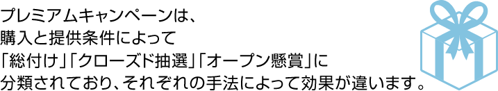 プレミアムキャンペーンは、購入と提供条件によって「総付け」「クローズド抽選」「オープン懸賞」に分類されており、それぞれの手法によって効果が違います。